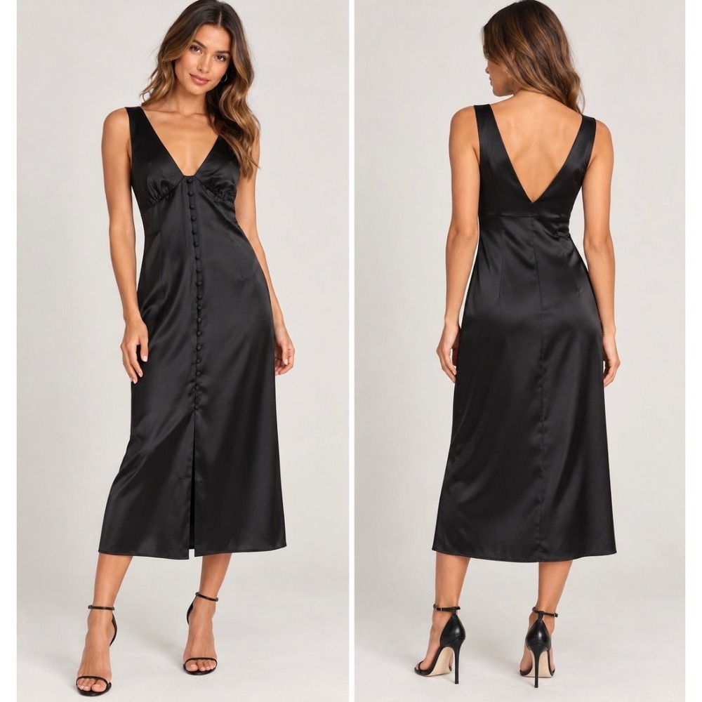 NWOT ASOS DESIGN Black Satin Midi Dress Button Front Deep V Sleeveless US 2